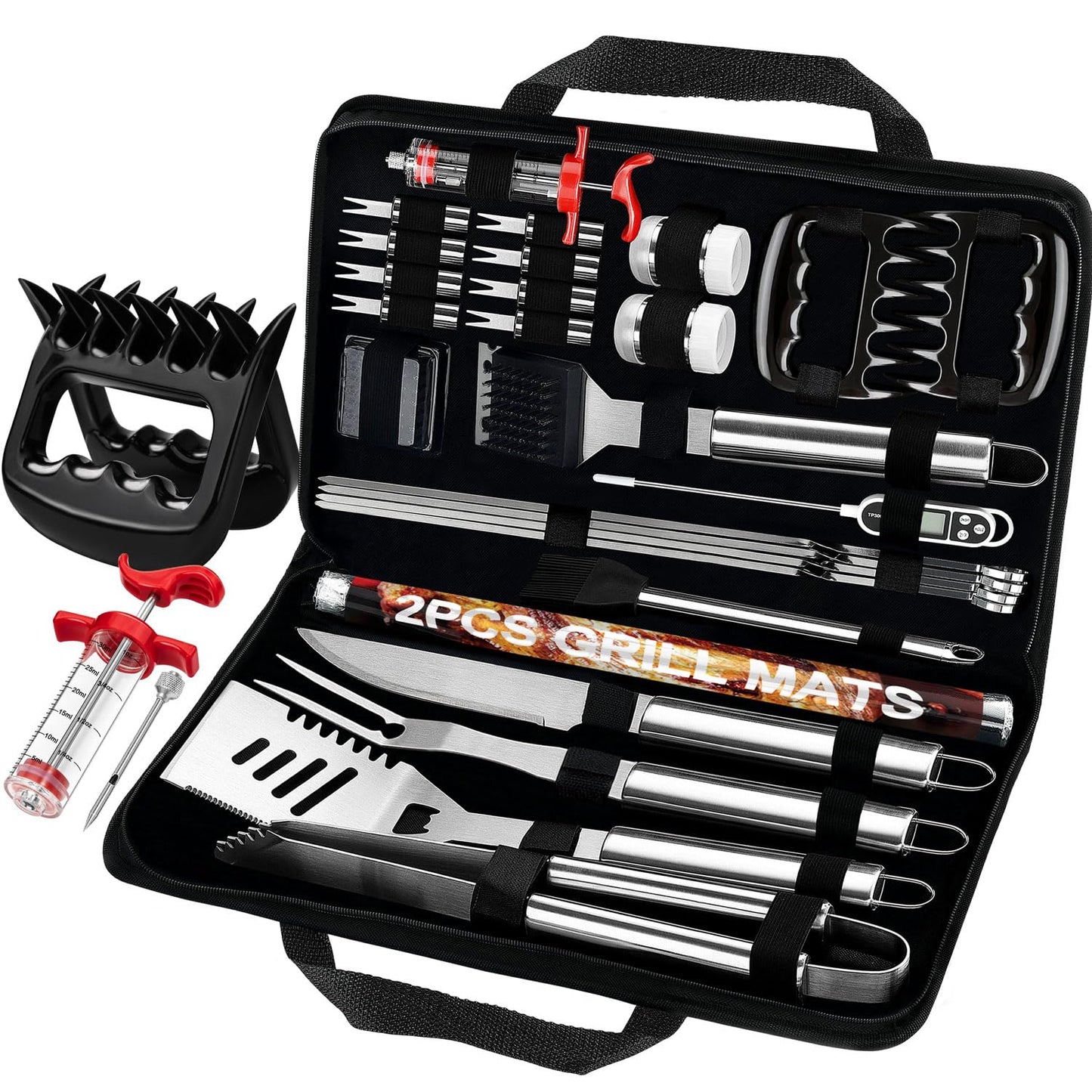 POLIGO 28Pcs Grilling Accessories in Bag with Meat Injector, Barbecue Claws, Mats, Thermometer for Smoker, Camping BBQ Grill Utensil Set Dad Gift for Fathers Day Birthday Grilling Gifts for Men Silver