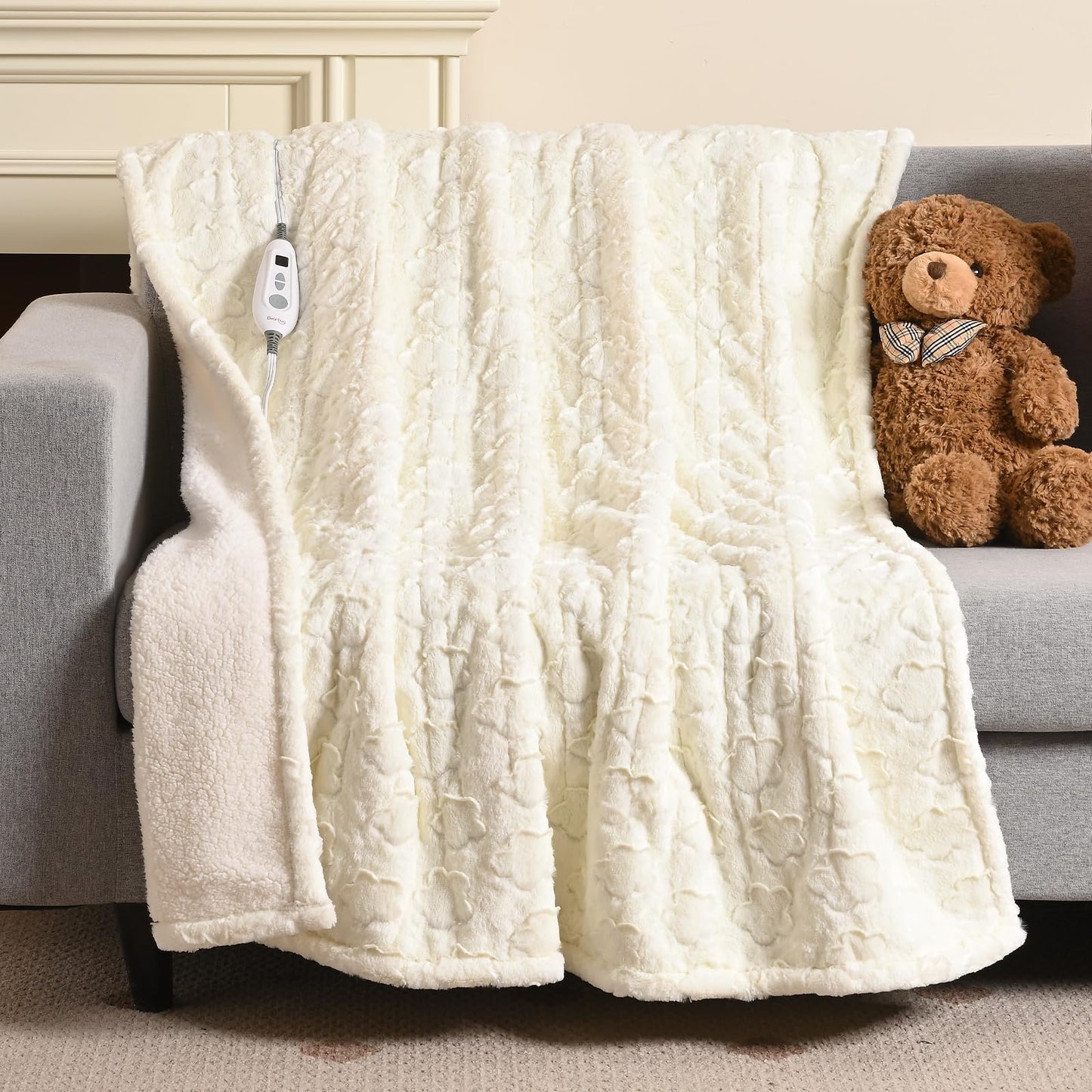 Bearhug Electric Blanket King Size 100" x 90", Dual Controller Heated Blanket, White Flower Patterns Faux Fur & Warm Sherpa, 10-Heat Levels & 1-12H Auto Off,ETL, Machine Washable