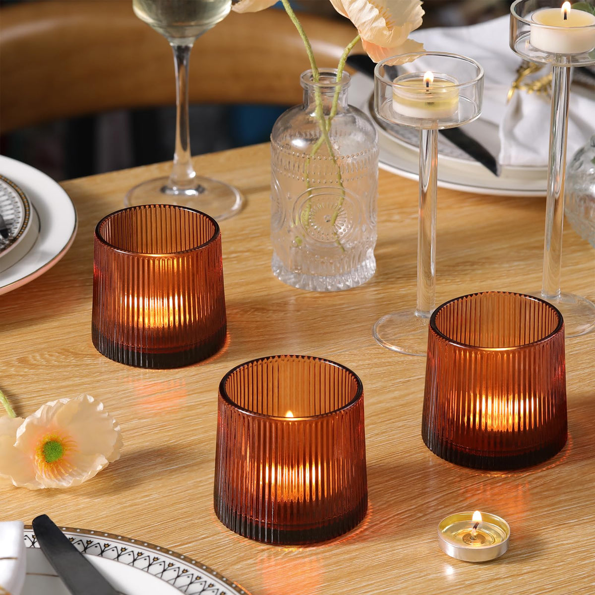 Amber Ribbed Tealight Votive Candle Holders- 6Pack Glass Candle Holders for Table Centerpiece, Home Decor, Wedding Decor, Party Dinner
