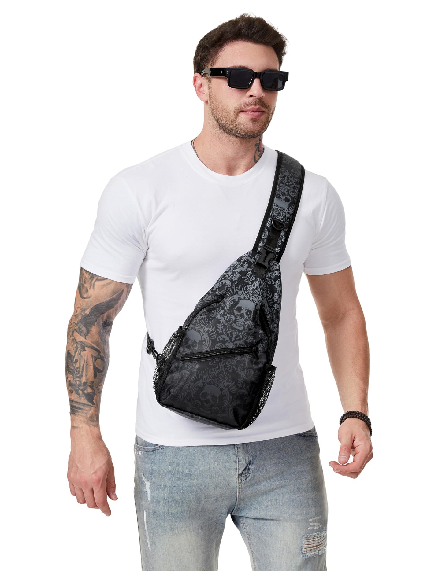 MEDTOGS Skull Sling Bag,Victorian Gothic Sling Backpack Black Crossbody Bag Men Casual Shoulder Daypack for Women Men Lightweight Travel Hiking Gym