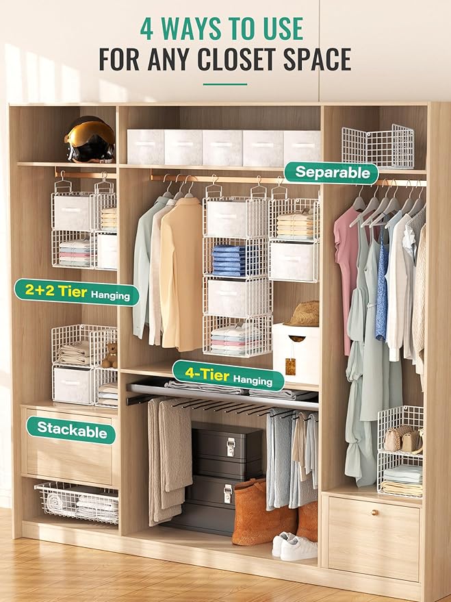 Hanging Closet Organizer with Drawers, 4 Tier Metal Closet Organizers and
