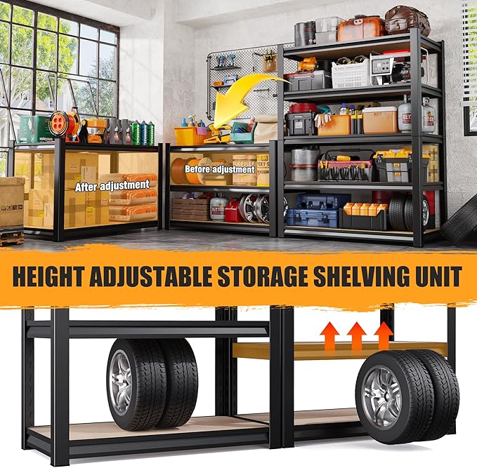 71.2"H-45.6"W Garage Shelving Heavy Duty Storage Shelves, Metal Adjustable Shelving Unit, Utility Garage Organizer Shelf for Basement, Pantry, Kitchen, Warehouse, 45.6"Wx17.7"Dx71.2"H, Black