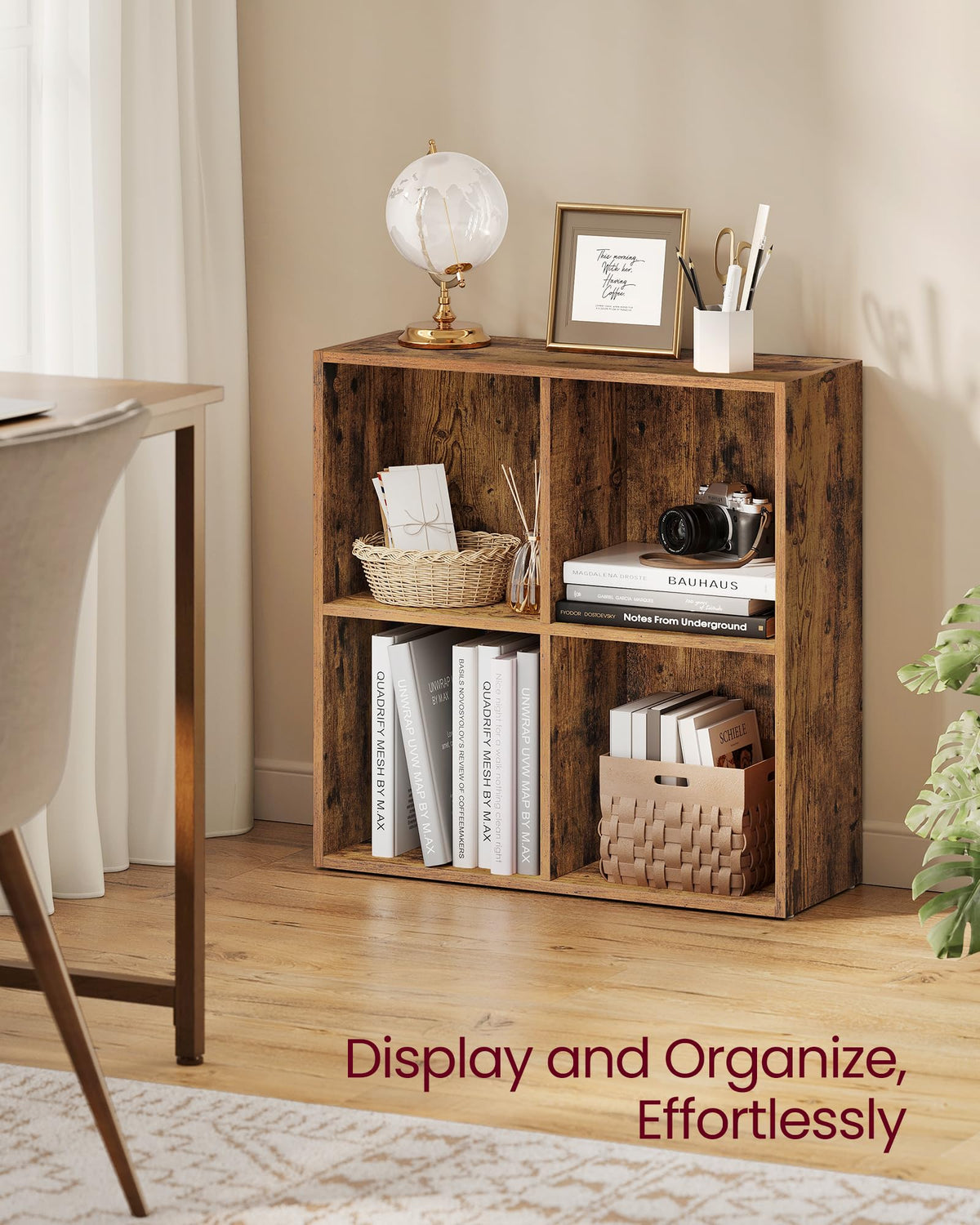 VASAGLE Custos Collection - Bookshelf, Bookcase, Cube Shelf with 4 Compartments, 9.4 x 26 x 26 Inches, Storage Shelf, for Living Room, Home Office, Dining Room, Rustic Brown ULBC476K01