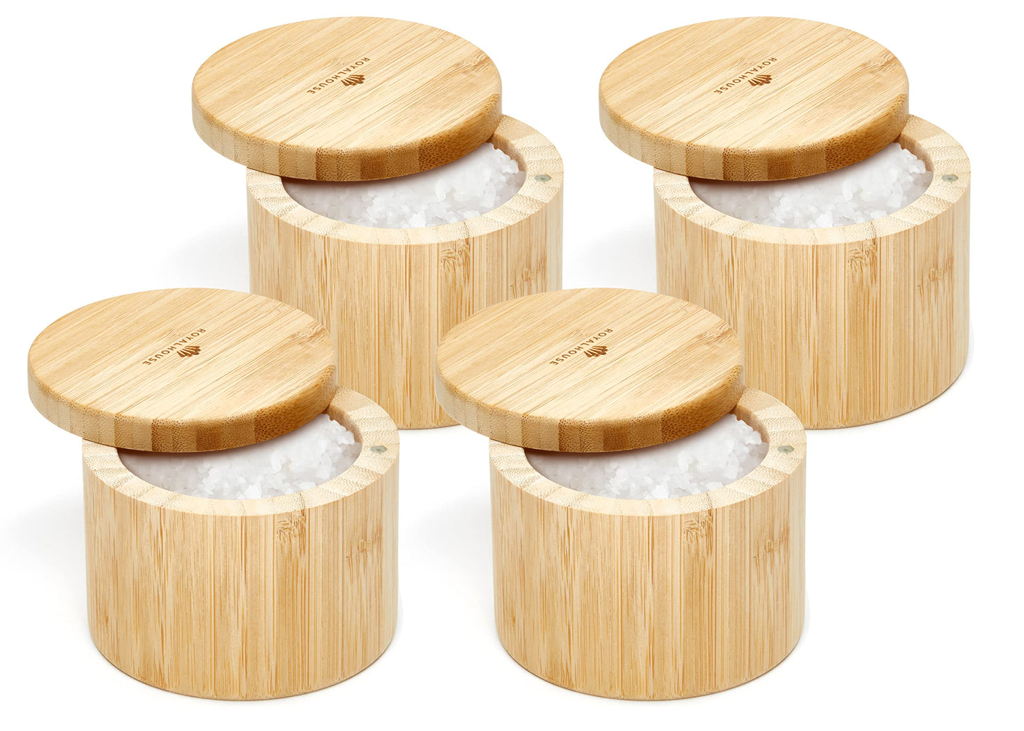 RoyalHouse 6 Oz Capacity Natural Bamboo Salt and Pepper Holder With Bamboo Lid, Salt Cellar With Magnetic Swivel Lid, Healthy Storage Box For Herbs Or Favorite Seasonings (Pack of 4)