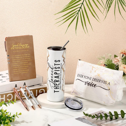 RimCereal 6 Pcs Speech Therapy Gifts Slp Gift for Speech Language Pathologist 20 oz Tumbler Makeup Bag A6 Notebook Ballpoint Pen Slp Graduation Appreciation Gift for Teacher Therapist Birthday(White)