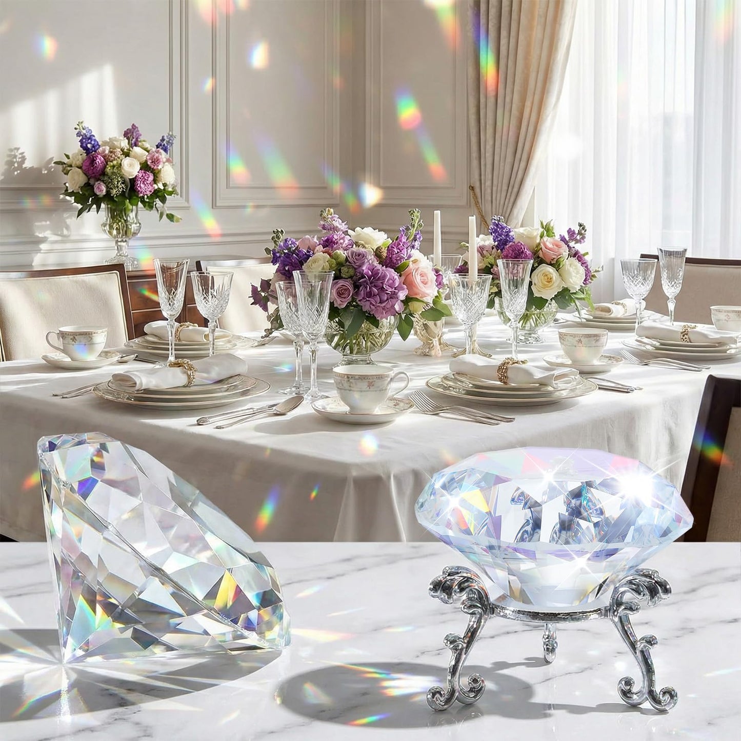 4 Pcs 60mm(2.36 in) Large Crystal Diamond Paperweight with Stand Jewels Wedding Decorations Centerpieces Home Decor, 60mm, Clear