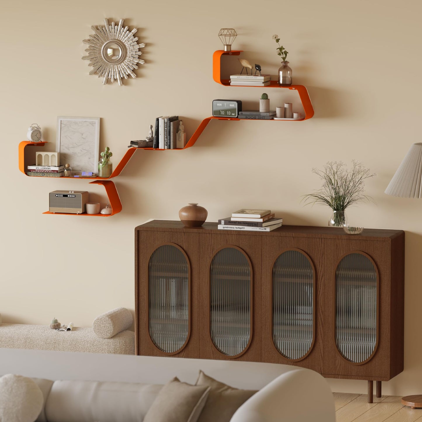Sttoraboks Floating Wall Shelves Set of 3, Metal Mounted Shelf with Unique Design, Bookshelf for Storage & Display in Bathroom, Bedroom, Kitchen, Living Room, Orange Home Decor