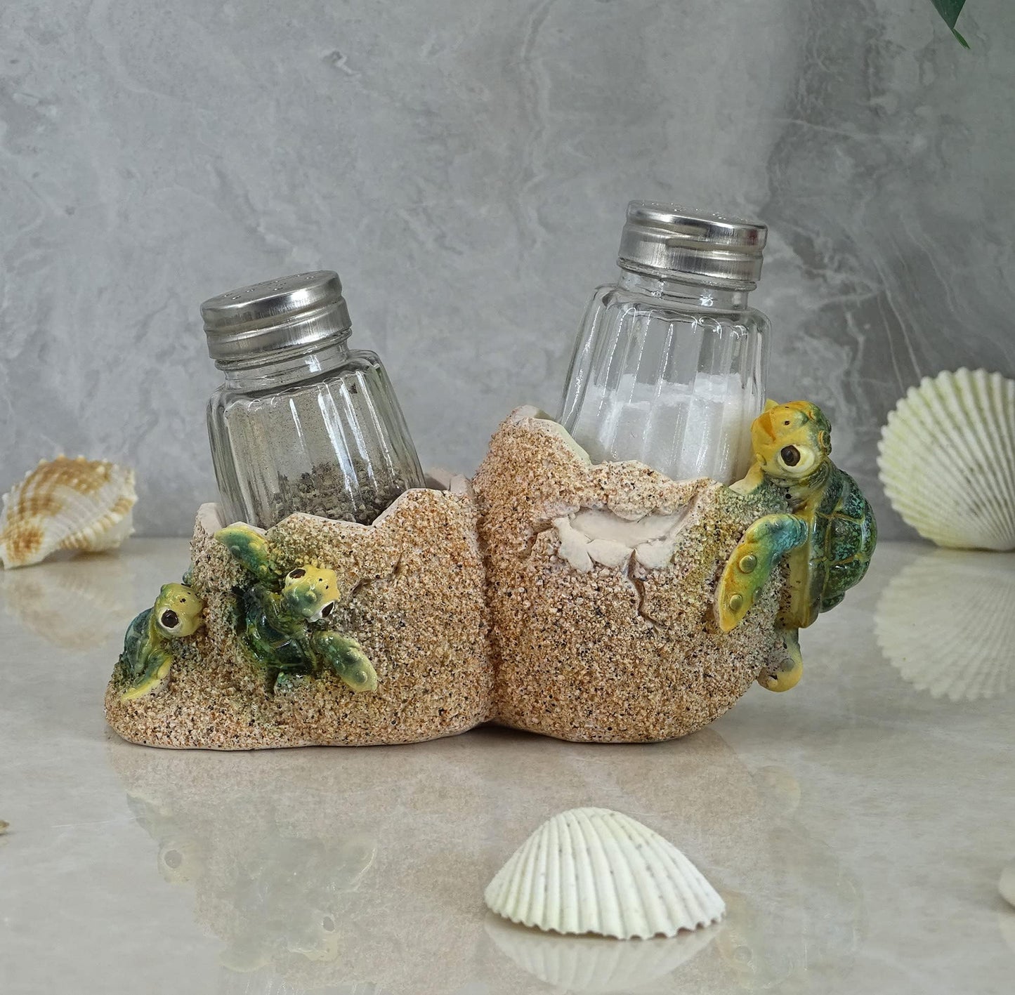 6-inch Turtle Salt & Pepper Shakers Set - Decorative Resin Sea Turtle Holder with Glass Shakers, Blue Ocean Theme Table Decor Gift
