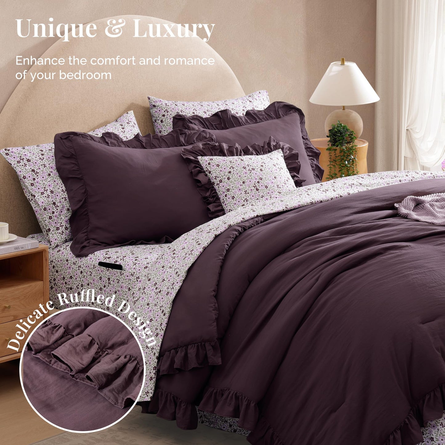 BLOOMHAVEN Queen Comforter Set - 7 Pieces Ruffle Purple Bedding Sets, Shabby Chic Farmhouse Bed in a Bag Queen with Ruffle Comforter, Floral Sheets, Pillowcases & Shams