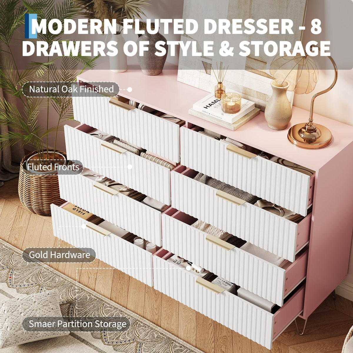 GarveeHome Fluted Dresser for Bedroom with 8 Drawers,55" Wide Modern Chest of Wooden Bedroom Chest with Metal Handle,Clothes Storage Organizer,Dresser & TV Stand for Living Room,PIink