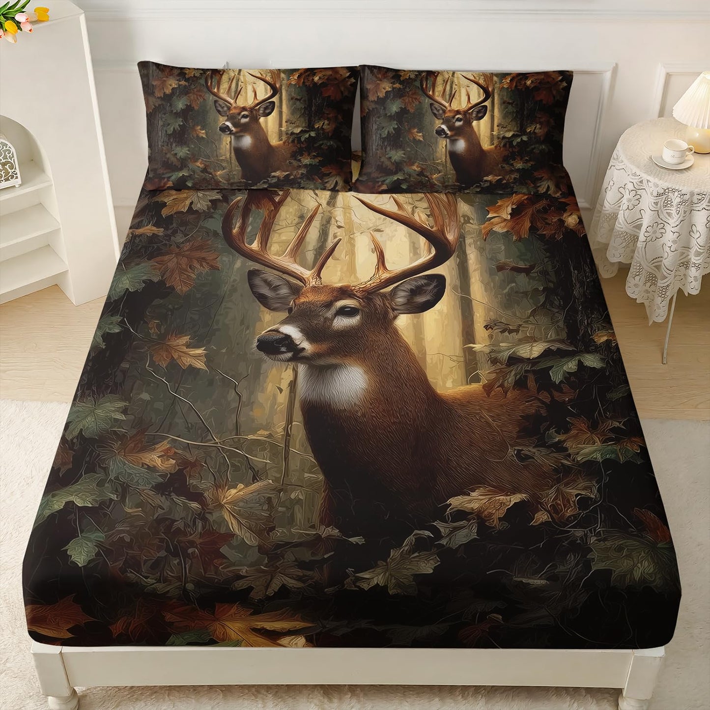 HOSIMA Deer Fitted Sheet Full for Kids,Lightweight Brown Animal Bedding for Teens Boys Room Decor,Hunting Themed Forest Deer Bedding,1 Fitted Sheet+2 Pillowcases.
