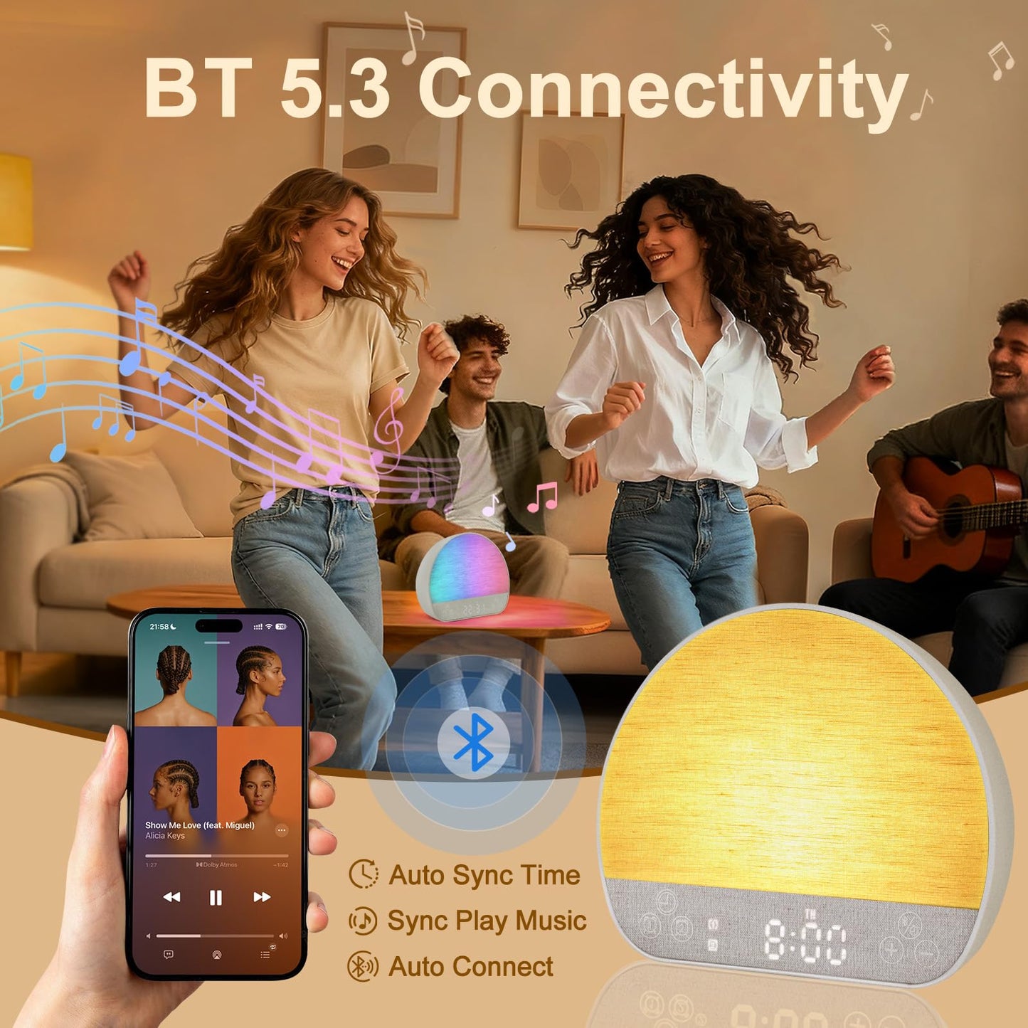 JONRRYIN Sunrise Alarm Clock Tap Snooze, 37 Sounds White Noise Machine Gentle Wake Up Light with Bluetooth, Remote, USB Charging & 15 Color Night Lamp, Sunlight Alarm for Heavy Sleeper Bedroom Gift
