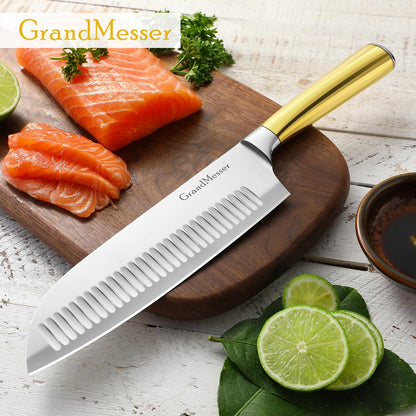 GrandMesser Santoku Knife, Chef's Kitchen Knife 7 Inch, Japanese Steel AUS-10 Chef Knife, with Pure Copper Ergonomic Handle & Gift Box.