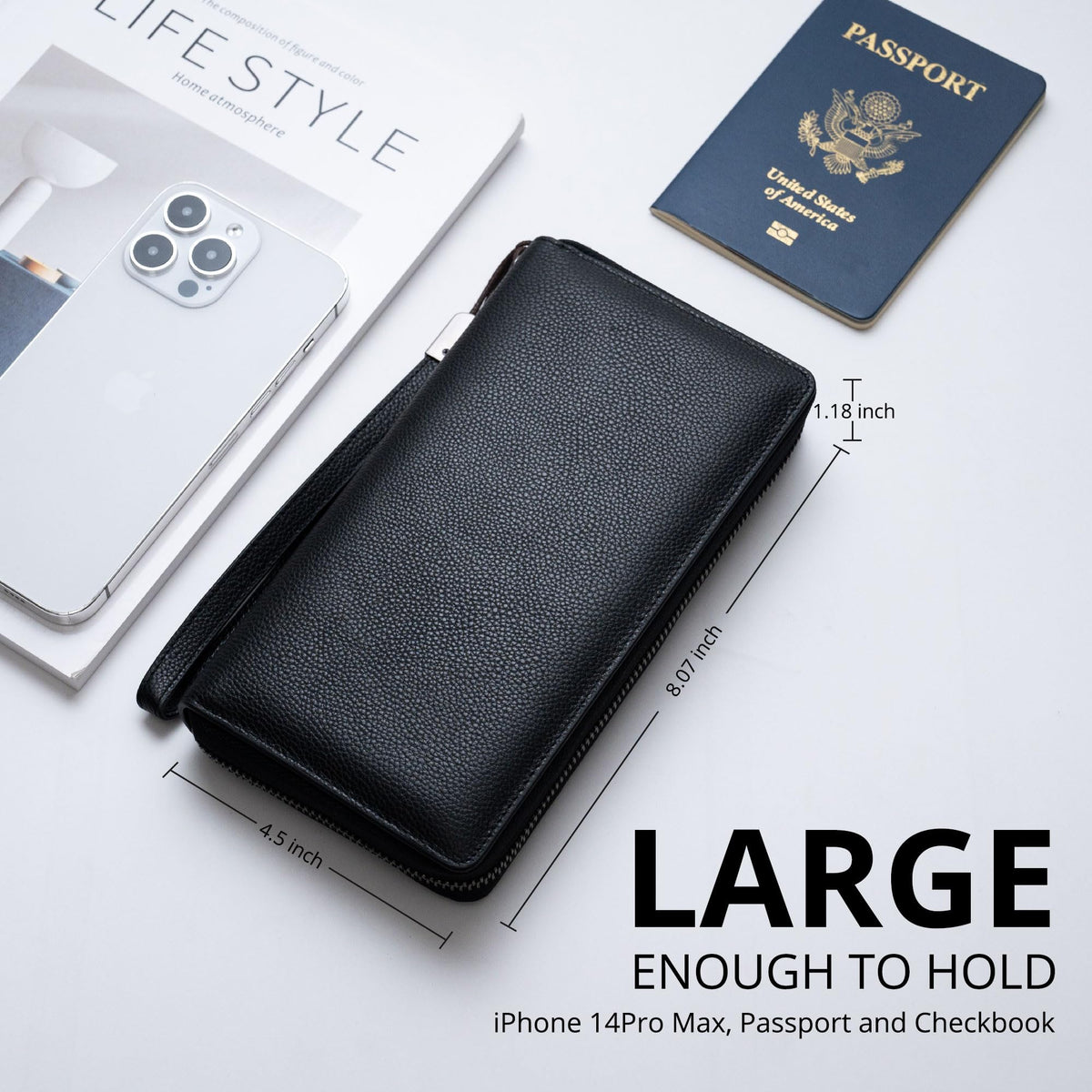 Bveyzi Women RFID Blocking Wallet Leather Zip Around Phone Clutch Large Capacity Ladies Travel Purse Wristlet (Black)