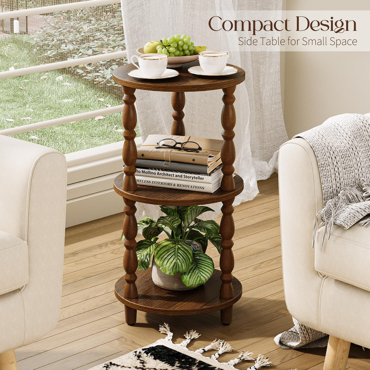 Yoobure Small Round Side Table - 3-Tier End Table with Storage Shelf, Narrow Bedside Table Nightstand for Bedroom, Accent End Tables Living Room, Wood Side Tables for Small Spaces, Office, Walnut