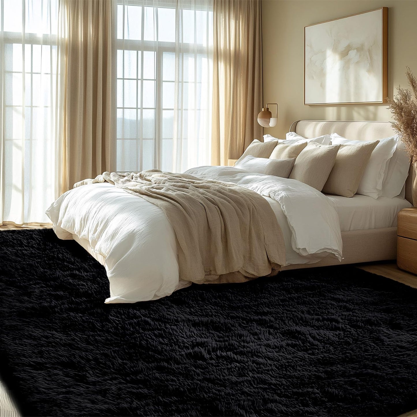 XSIVOD Black Rugs for Living Room, Ultra Soft Bedroom Rug, Plush Floor Carpet, Luxury Fluffy Shag Lounge Carpet for Nursery, Kids Baby Room, 80x160cm
