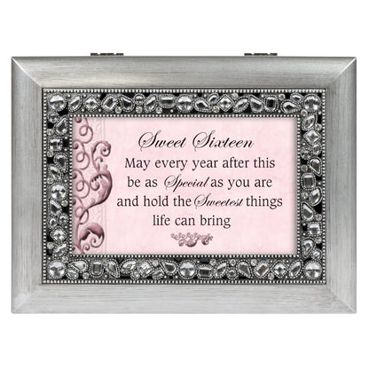 Cottage Garden Sweet Sixteen Brushed Silver Jeweled Inlay Jewelry Music Box Plays You Light Up My Life