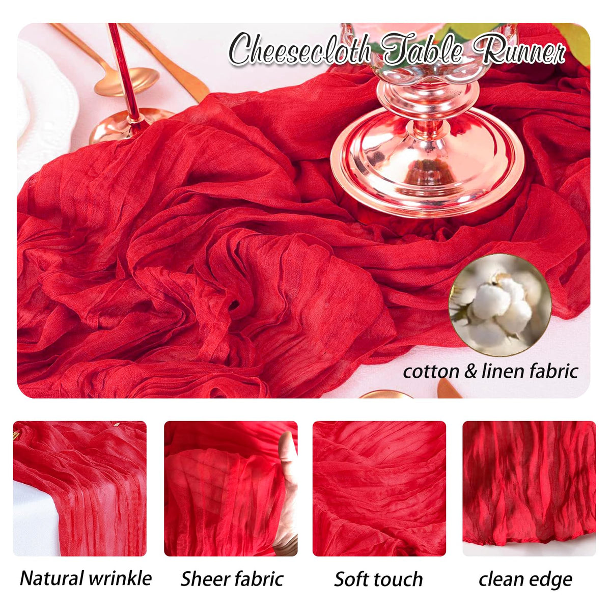 Waligoy Red Cheesecloth Table Runner 2 Pack 35" Boho Gauze Table Runner 120 inches Long Runner Rustic Sheer Fabric Bulk for Baby Shower Wedding Bridal Birthday Party Table Decorations