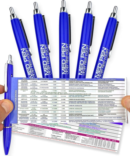 Field Equipt Med Pen Pens for Nurses, Retractable Cheat Sheet, Nursing School Essentials, Medical Assistant and Nurse Gifts for Women, 5 Pack (Blue)
