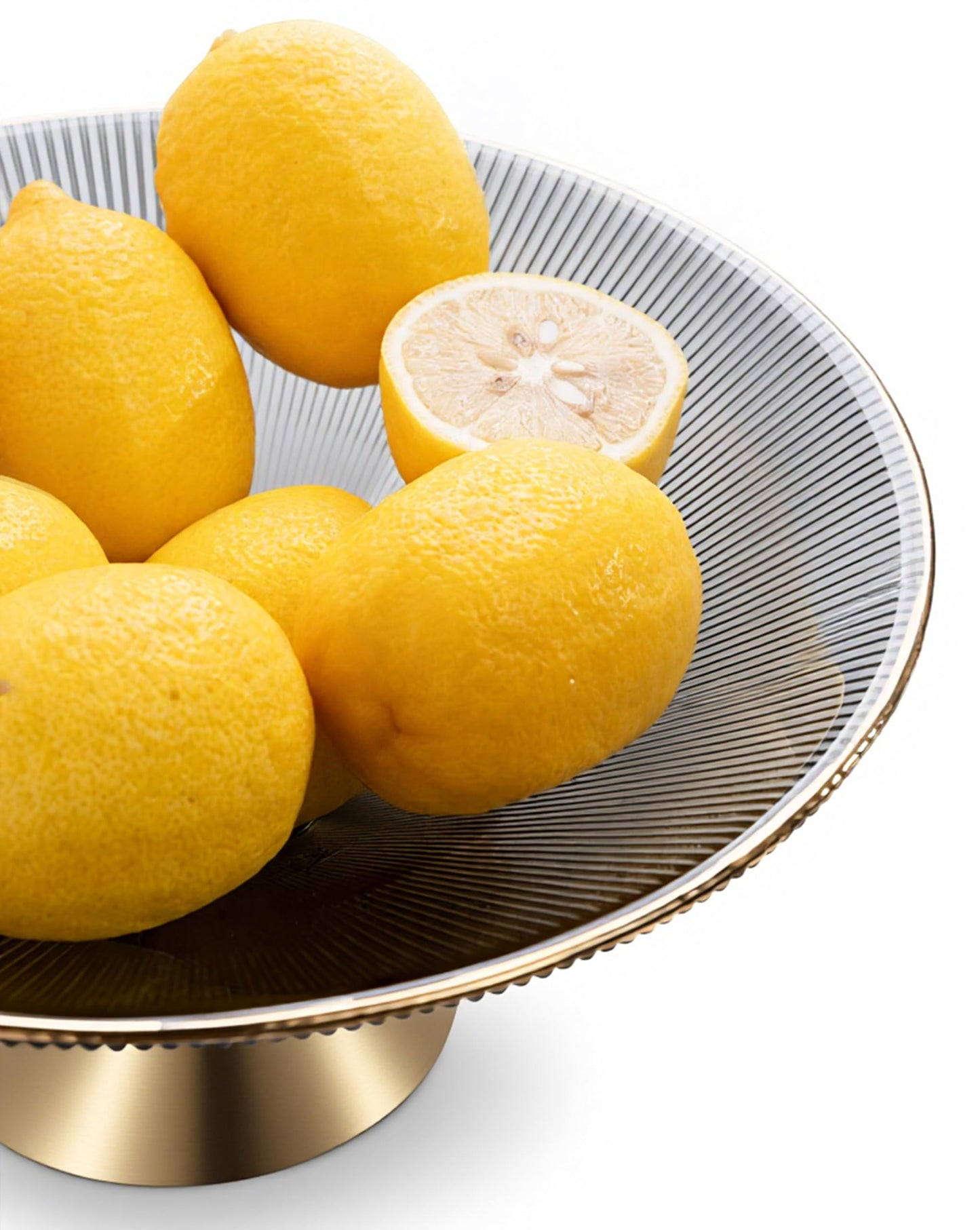 Tapered Glass Decorative Bowl(Gray), 9.8 Inches Handblown Striped Glass Bowl with Gold Trim and Rust Resistant Metal Base,Decor Fruit Bowl for Home Decor,Table Centerpiece,Kitchen Island,Dining Decor