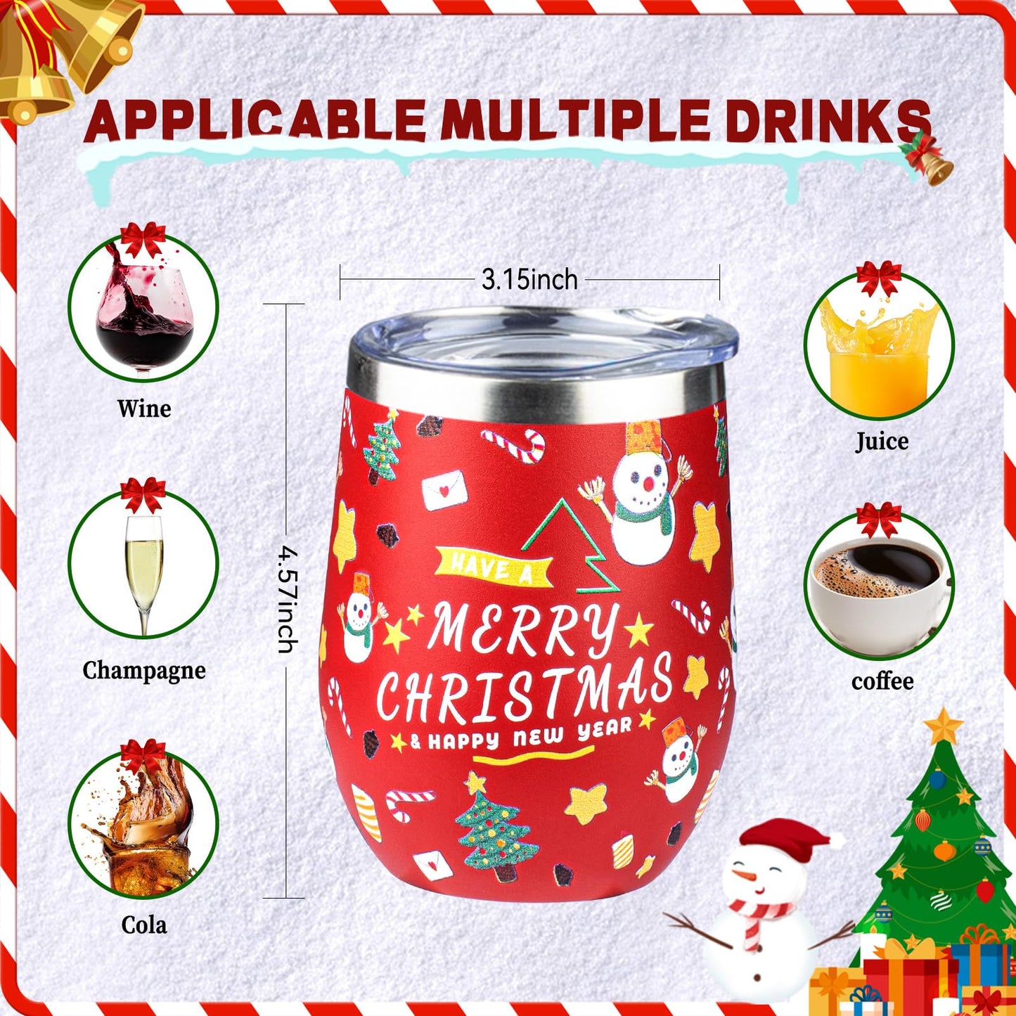 FristChoice 12oz Christmas Wine Tumbler with Lid and Straw,Stainless Steel Insulated Stemless Wine Tumbler Double Wall Vacuum Wine Cups Tumbler Christmas Gifts for Women Men(Xmas Elements,2)