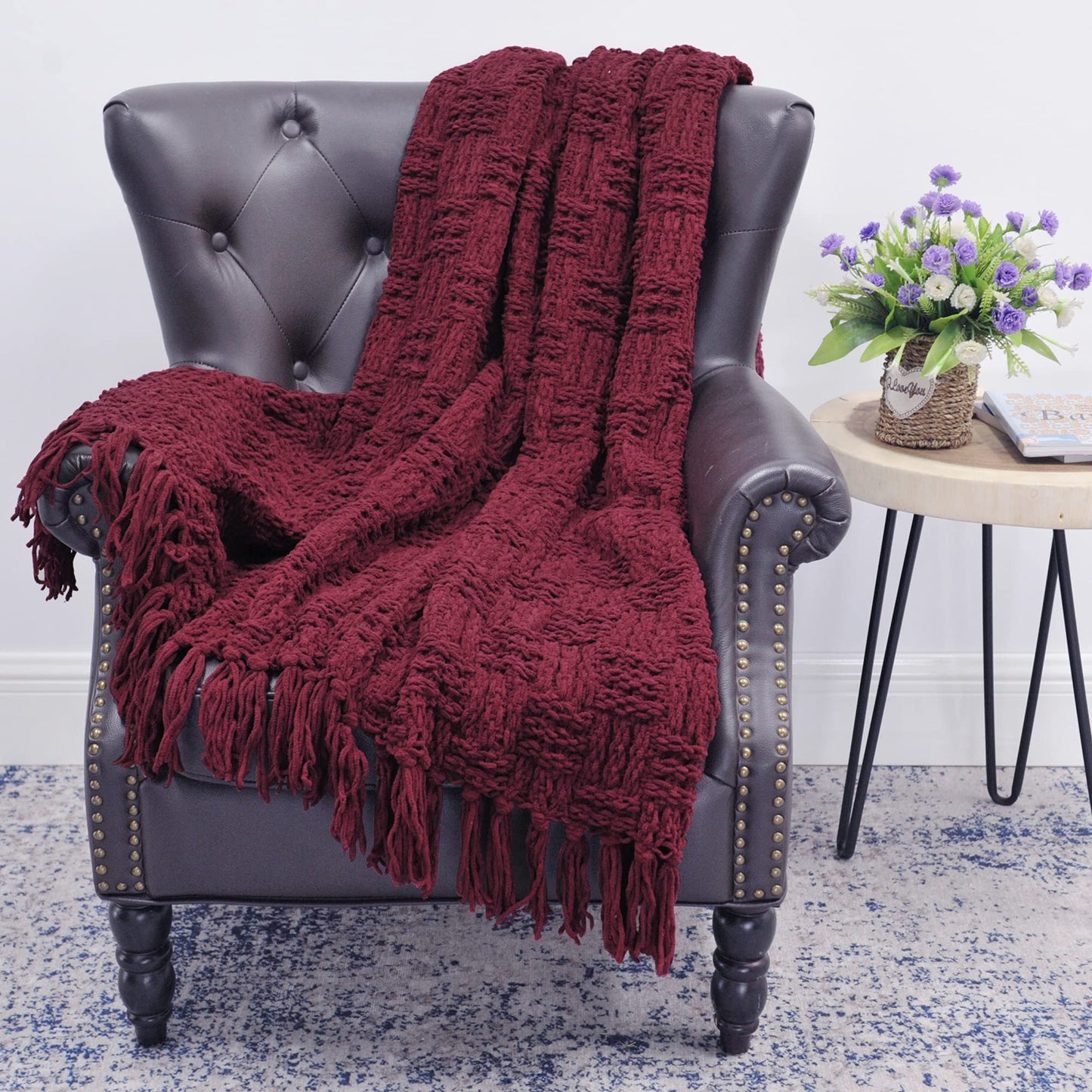 Home Soft Things Cable Knitted Throw Blankets 50'' x 60'', Burgundy, Soft Cozy Fluffy Decorative Throw with Tassels Couch Bed Sofa Cover Throw Blankets