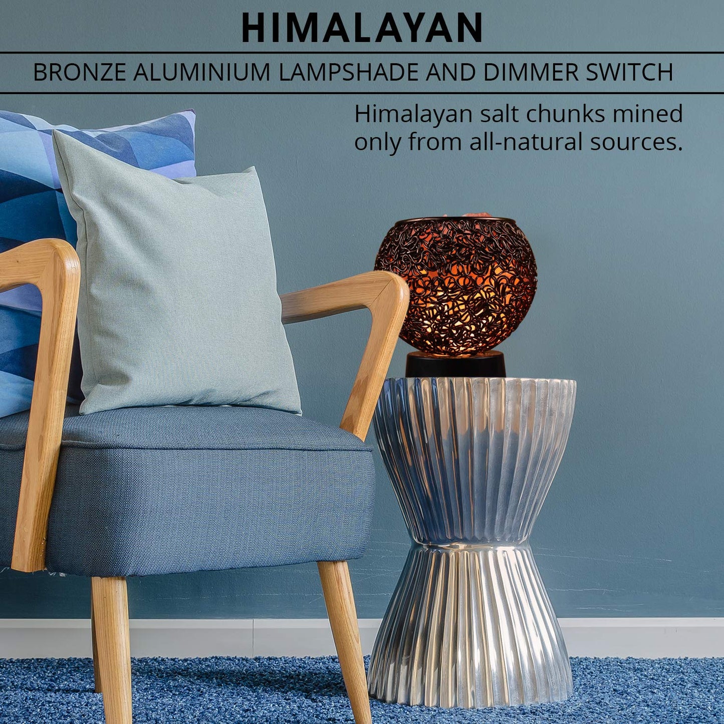 Plemo Natural Himalayan Salt Lamp with Genuine Wood Base in Classic Round Metal Basket with Dimmable Cord and Luxury Gift Box