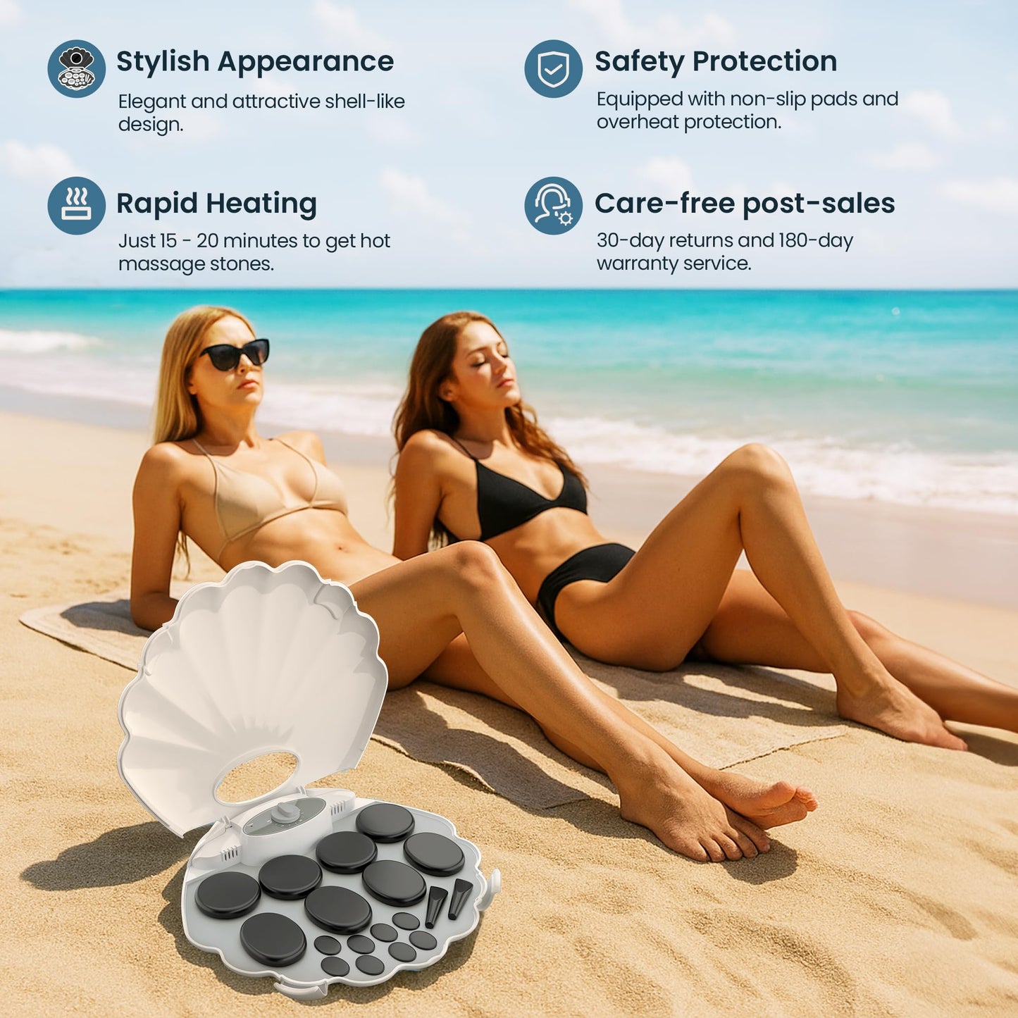 StateRiver Shell Hot Stones Massage Set, 18-Piece Basalt Hot Stones with Heater Kit, Featuring an Elegant Seashell Design for Spa Use. Perfect for Relaxation, Healing, and Pain Relief. （White）