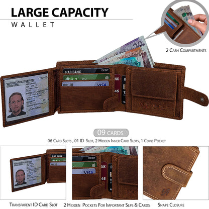 STARHIDE Handmade Wallets for Men UK | Genuine Distressed Hunter Leather | RFID Blocking Notecase Wallet | Coins and Id Card Holder | 710 (Brown)