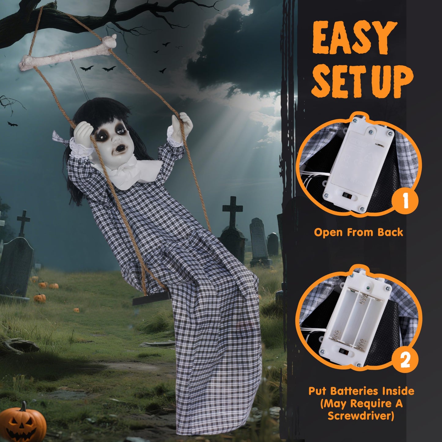 JOYIN Outdoor Halloween Hanging Scary Swing Girl Decorations, Outdoor Swinging Doll with Creepy Sound and Light Up Eyes Sound, Animated Hanging Decors Activated for Garden Yard Lawn
