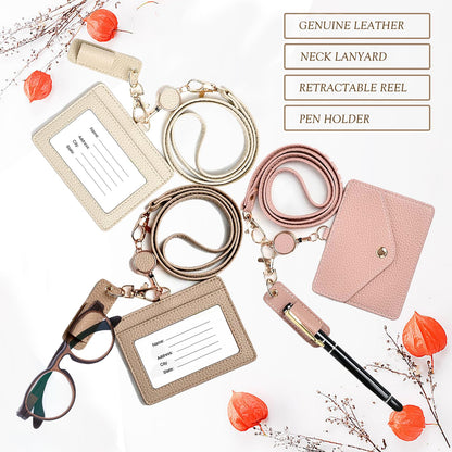 Office Badge Holder - Boshiho Genuine Leather Credit ID Card Holder with Stretch Neck Lanyard and Pen Clip, Gift Box (Horizontal-Light Brown)