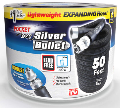 Pocket Hose Silver Bullet 50 ft Turbo Shot Nozzle Multiple Spray Patterns Expandable Garden Hose 3/4 in Solid Aluminum Fittings Lead-Free Lightweight and No-Kink,Black