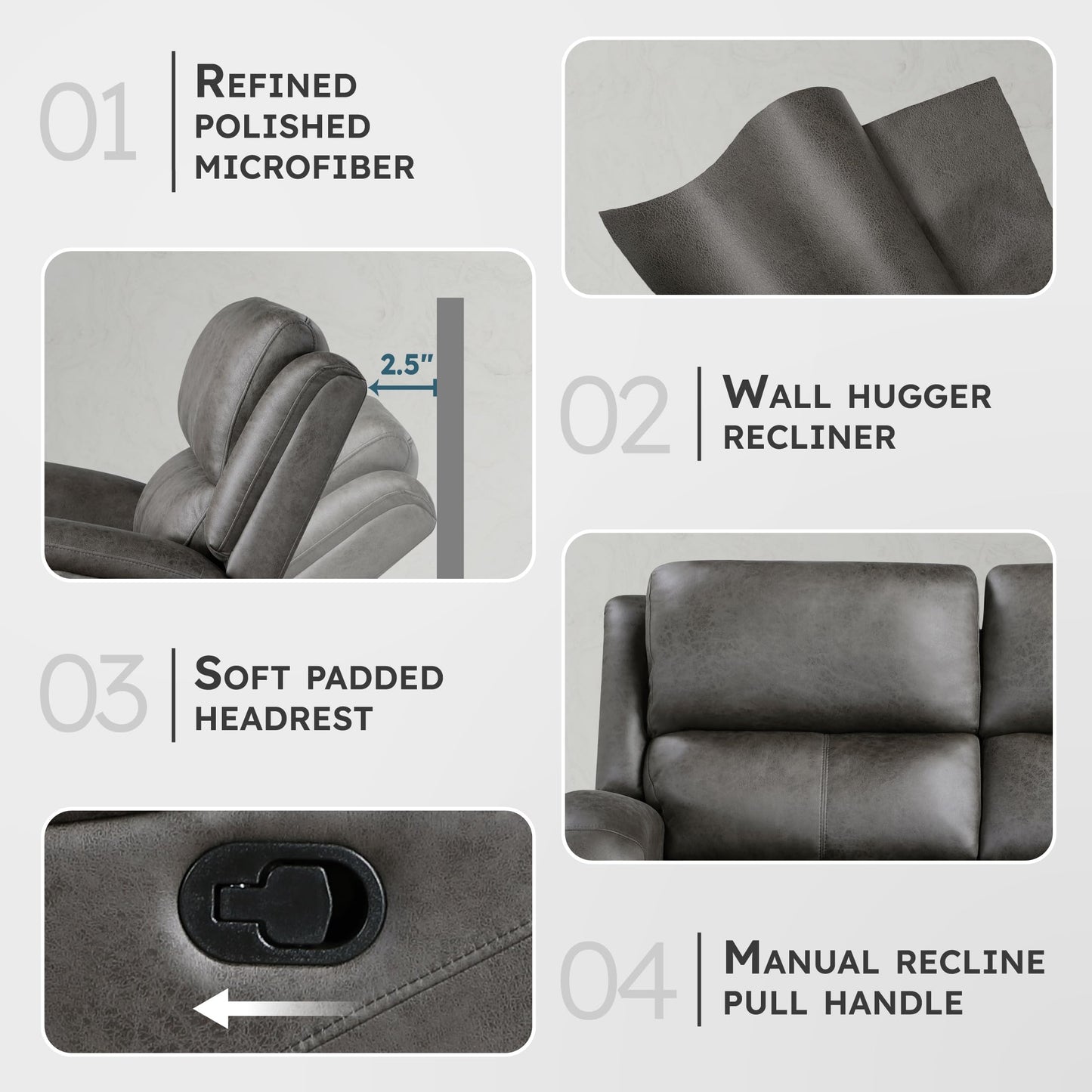Lexicon Manual Double Reclining Sofa, Polished Microfiber Manual Wall Hugger Sofa Recliner for Living Room, Home Theater Seating, Track Arm, Stitching Cushion, Padded Foam Seat Cushion, Gray