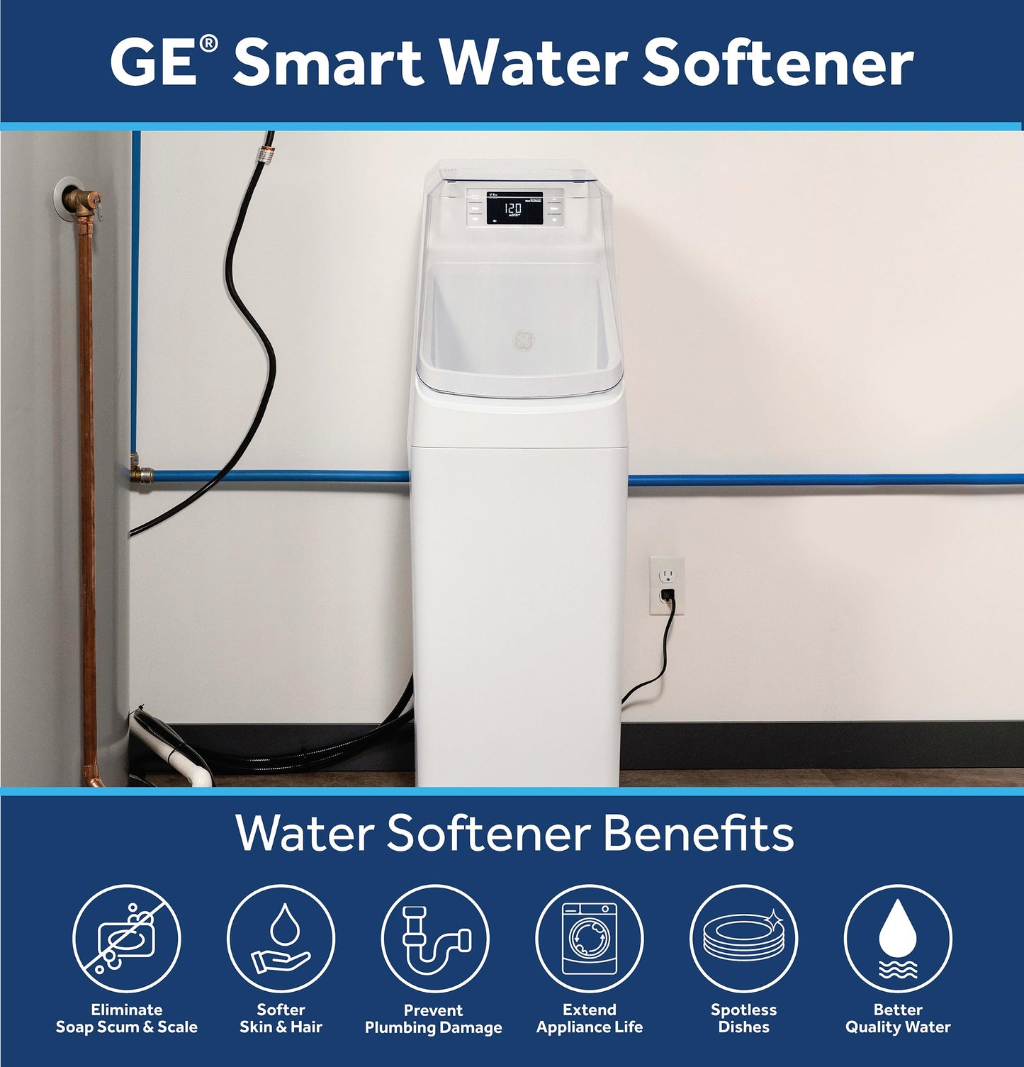 GE Smart Water Softener with Integrated Filtration, 30,000 Grain, Reduce Hard Minerals to Whole House, Built-in WiFi with Water Flow Alerts, Soft Water for Shower, Appliances, and Plumbing, GXMD30W