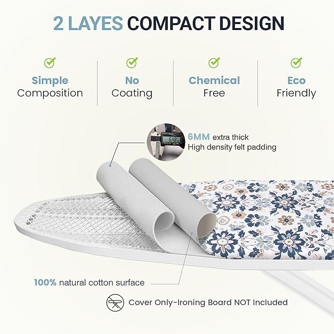 Ironing Board Cover and Pad 18"x49" Extra Thick Natural Cotton, Scorch and