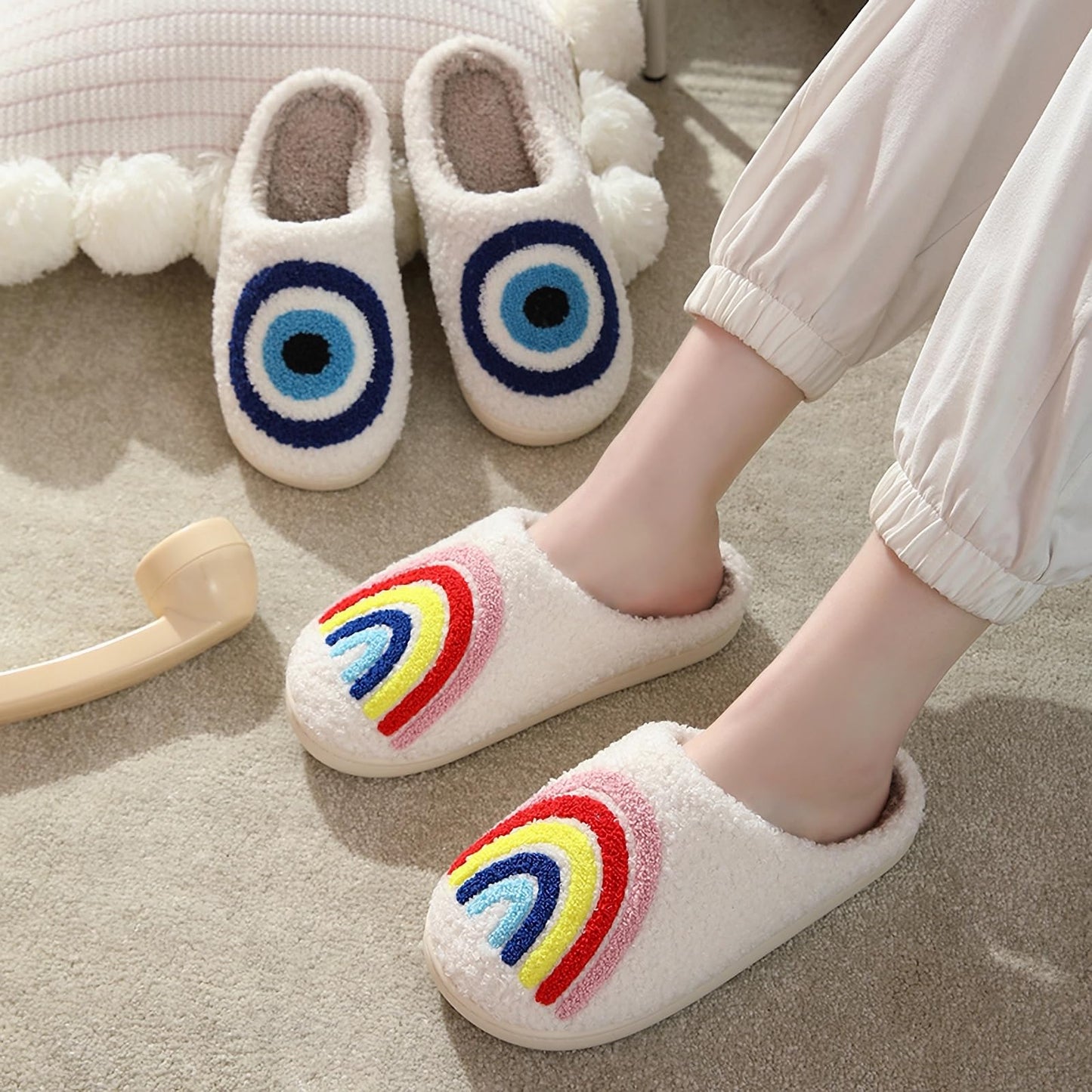 Qubuwalk Happy Smile Face Slippers Evil Eyes Cozy House Slippers for Women Soft Plush Slip-On Slippers Indoor Outdoor