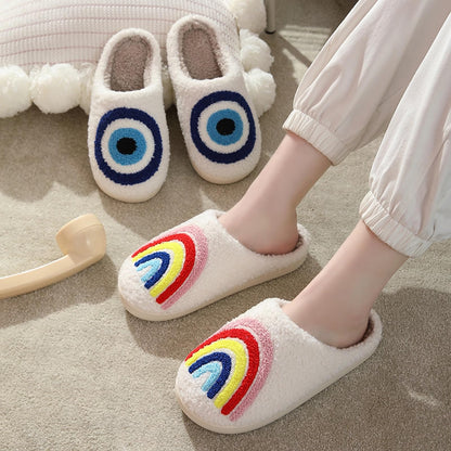 Qubuwalk Happy Smile Face Slippers Evil Eyes Cozy House Slippers for Women Soft Plush Slip-On Slippers Indoor Outdoor