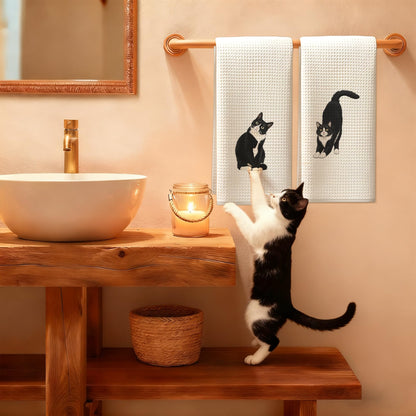 Exqcom Funny Tuxedo Cat Kitchen Towels Set of 2, Cat Lover Mom Lady Gifts Hand Towels for Bathroom Kitchen, Black and White Kitty Kitten Decorative Dish Towels Drying Cloth, 16x24 Inch Set of 2