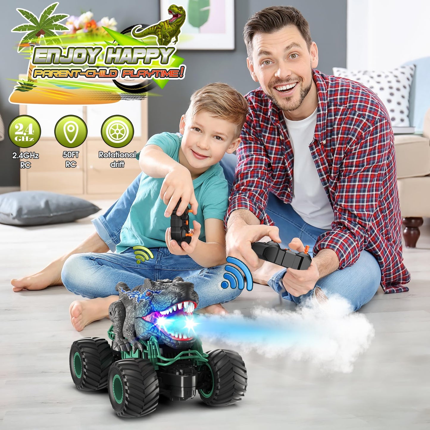 HappyGoLucky Dinosaur Toys for Boys, 1:16 Scale RC Monster Truck with Spray Roar LED Lights, Kids Toys for 4-8 Year Old Boys Gifts Toys Age 3 4 5 6 7, Outdoor Garden Toys Easter Gifts for Kids