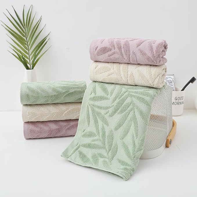 Pidada Hand Towels Set of 2 Leaf Pattern 100% Cotton Absorbent Soft Decorative