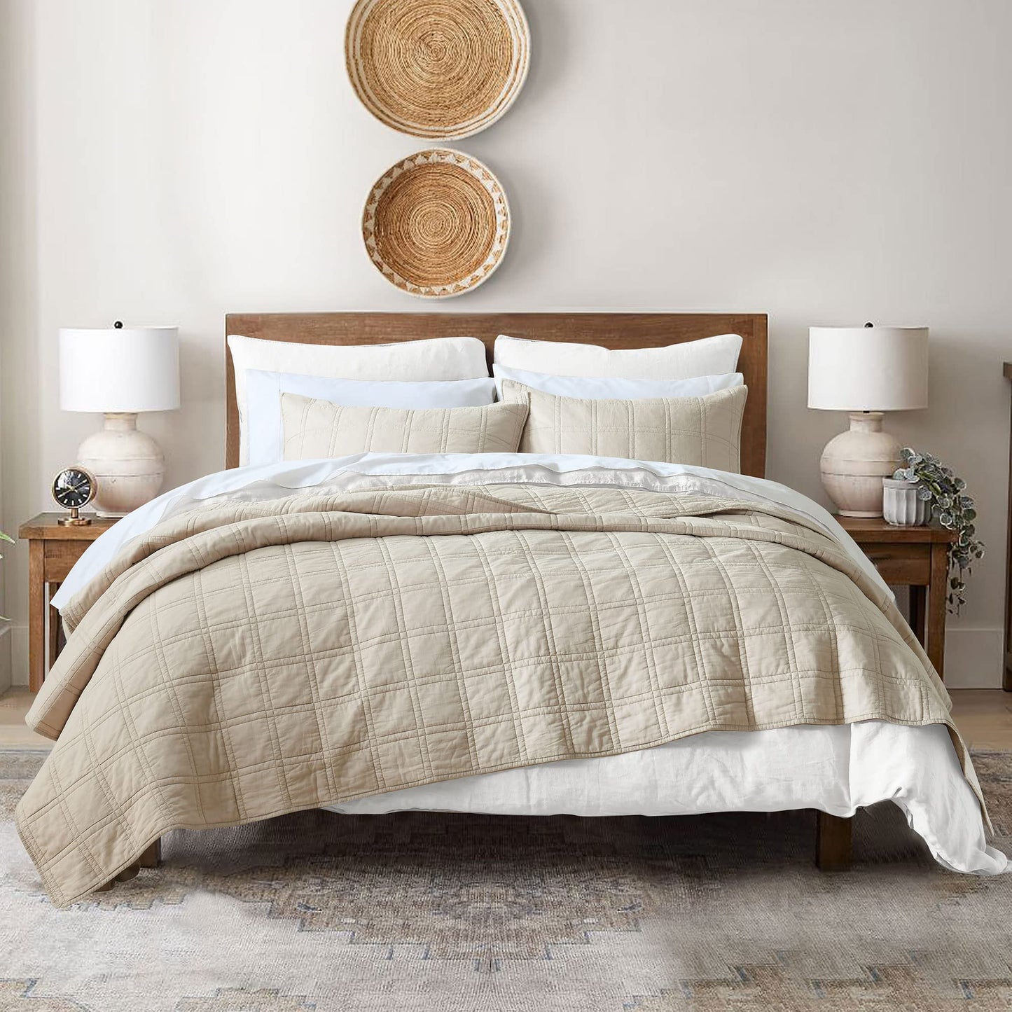 HORIMOTE HOME 100% Cotton Quilt Twin Size Beige Bedspread, Pre-Washed 2-Piece Cozy Lightweight Stitching Decorative Bedding Cover Coverlet Set with 1 Sham in Geometric Pattern for All Season