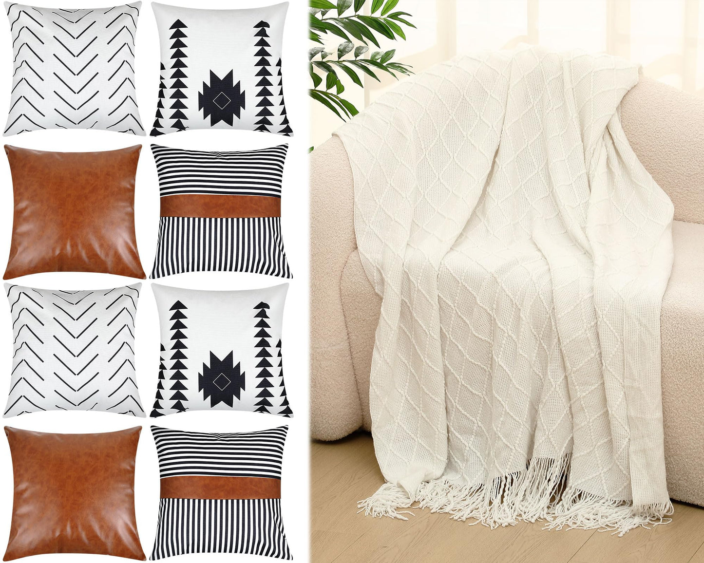 Mixweer Boho Throw Blanket and Pillow Cover Set, Beige Knitted Throw Blanket and Linen Pillow Cover Soft Sofa Couch Cushion for Home Farmhouse Sofa Bed Holiday Decoration