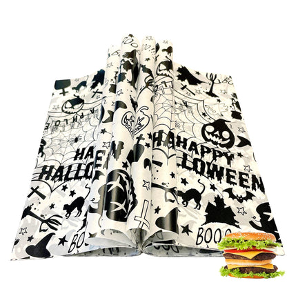 Suiwen 100pcs Halloween Wax Paper Sheet, Food Picnic Printed with Ghost, Spider, Pumpkin and Spiderweb, Greaseproof, Waterproof Dry Hamburger Liners Wrapping Tissue (Black)
