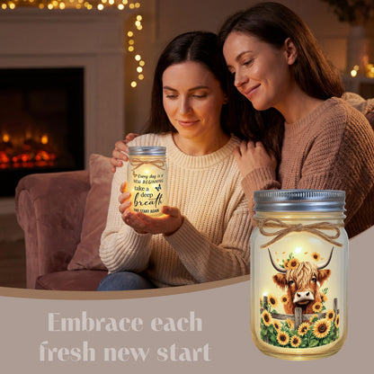 Highland Cow Inspirational Gifts for Women - Double-Sided Decorative Mason Jar Light, New Beginning Self Care Motivational Sunflower Decor Gift for Friends Daughter Sister Coworker