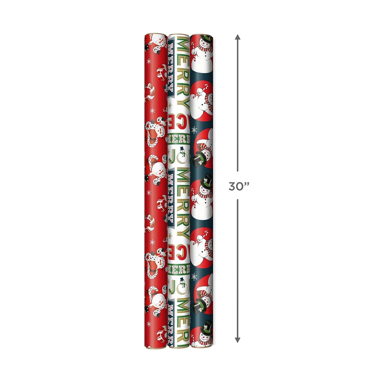 Hallmark Vintage Christmas Wrapping Paper Cut Lines on Reverse (3 Rolls: 120 sq. ft. ttl) Dancing Santas, Classic Snowman, "Merry, Jolly, Happy, Peace"