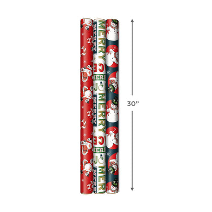 Hallmark Vintage Christmas Wrapping Paper Cut Lines on Reverse (3 Rolls: 120 sq. ft. ttl) Dancing Santas, Classic Snowman, "Merry, Jolly, Happy, Peace"