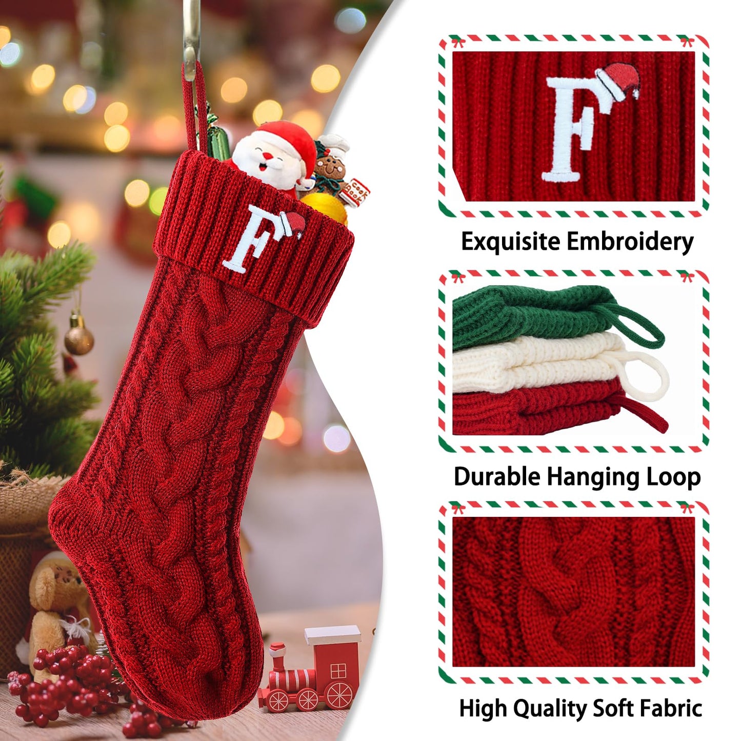 guccde Christmas Stockings with Initials, Personalized Embroidered Monogram 18 Inches Knitted Christmas Stockings Fireplace Xmas Stockings for Kids,Family Holiday Party Decoration Red Letter A