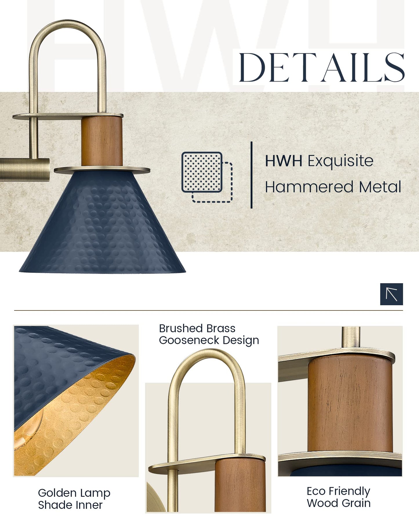 HWH Rustic Wall Sconces, Industrial Sconce Wall Lighting Indoor Wall Lamp, 1-Light Barn Vanity Light for Bathroom Bedroom Bedside, Hammered Metal Shade, Navy Blue Finish, 5HZG74B BL+BG