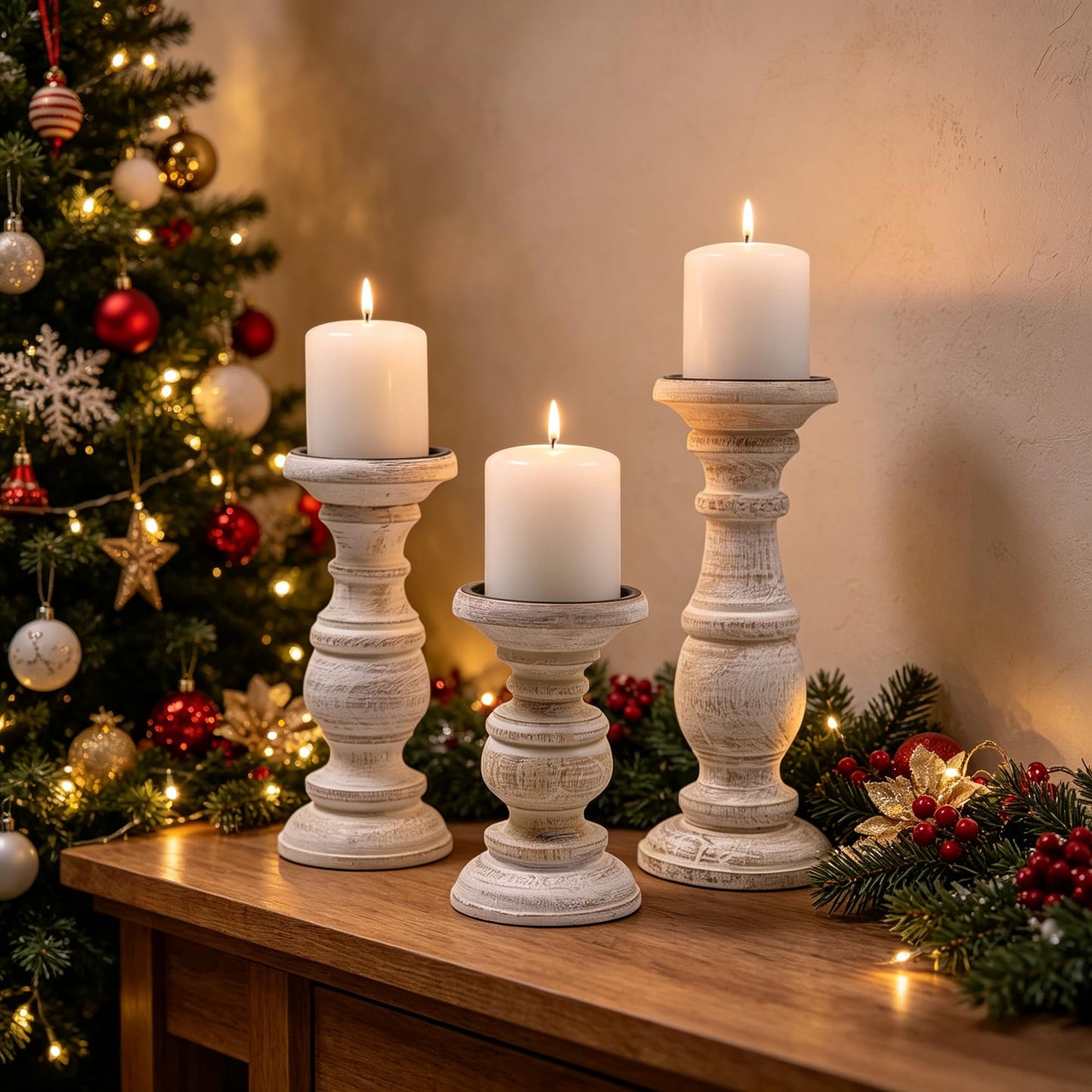 Hosley Set of 3 Whitewashed Wooden Pillar Candle Holders – 10”, 8”, and 6” Heights – Ideal for LED and Pillar Candles, Weddings, Parties, Home Décor, Spa, Reiki, and Aromatherapy