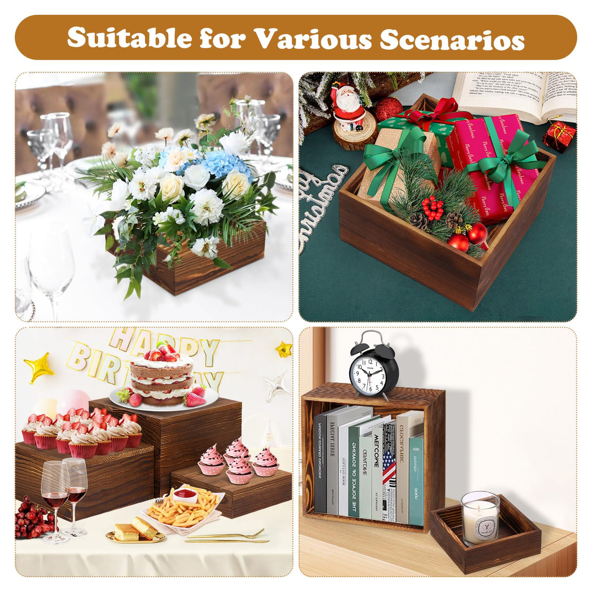 LEIFEOSH 6 Pack Wooden Risers Display Stands Rustic Wood Cake & Cupcake Stands for Party Square Food Risers for Buffet Wooden Crates for Display Home Decor